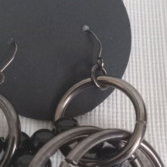 Black & Gunmetal Gray Metal Beaded Interlocked Multiple Hoops Dangle Earrings - Picture 3 of 8